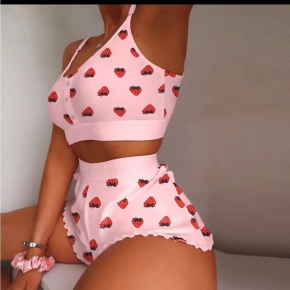 None Other - 2 Piece Cami-Short Pink Strawberry Pajama Set